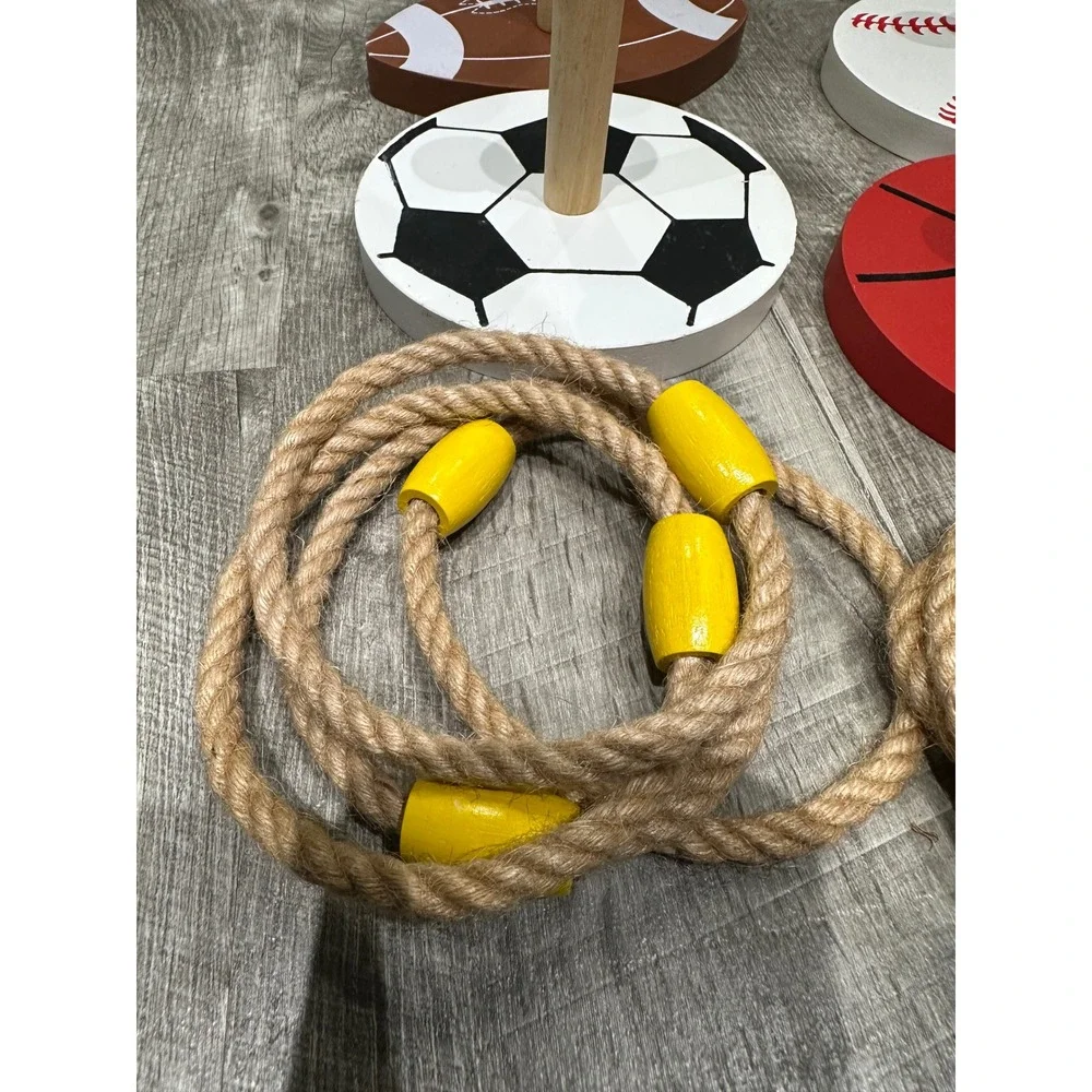 Vintage Wooden Sports RingToss Game Set Baseball Football Basketball Soccer 6pc